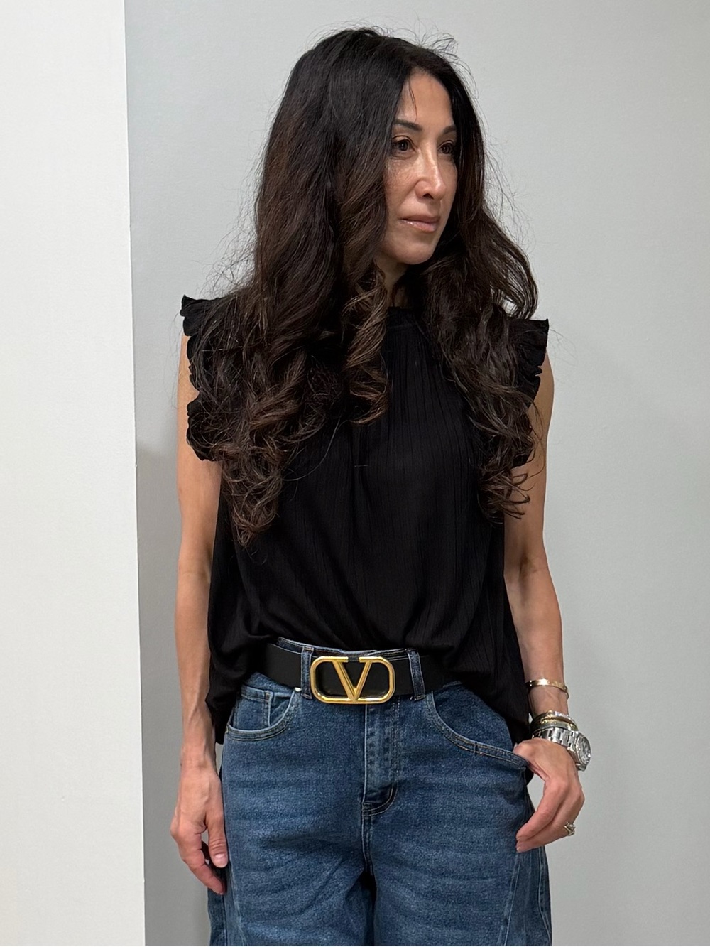 ShopEvelynne Black Ruffle-Trim Pleated Camisole